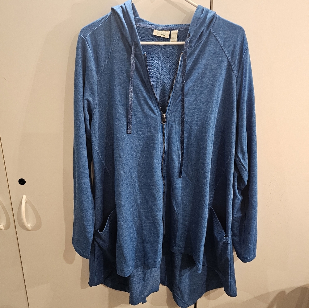 Logo Lounge By Lori Goldstein Womans Medium Hooded Blue Full Zip Jacket